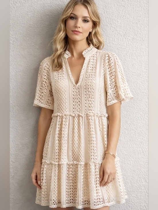 Tuckernuck Dresses & Skirts - Tuckernuck Lace Tiered Mini Dress Size L NWT Cream Eyelet Boho